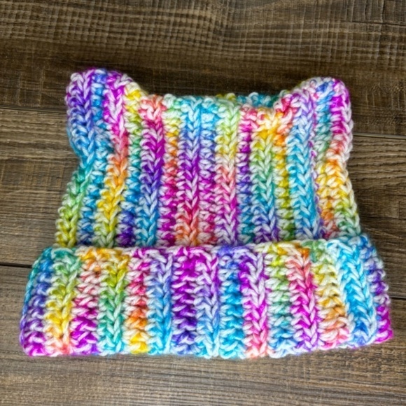 Handcrafted Crochet Winter Hat Rainbow Ice Yarn White Big Twist Cat Ear Ribbed - Picture 10 of 14